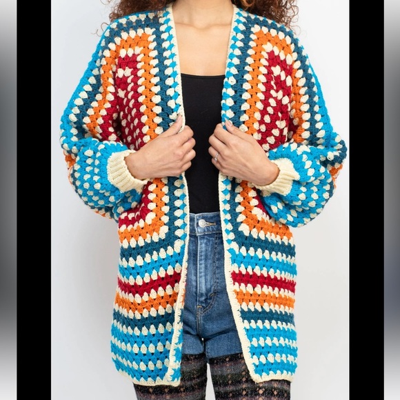 Lakhays Sweaters - Fiesta Colorful Crocheted Granny Square Open‎ Front Sweater Cardigan. M/L. NWT.